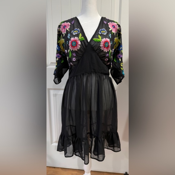 ASOS Dresses & Skirts - ASOS Black Sheer Embroidered Floral Dress Boho V-Neck Ruffle Hem Sz 10 Festival